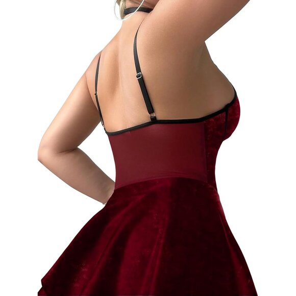 Women Red Velvet Strappy Leather Underwire Choker Garter Belt Lingerie Set Dress - Picture 2 of 6